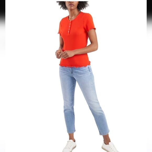 RILEY & RAE WOMEN'S STRETCH RIBBED LETTUCE EDGE  HENLEY SHORT SLEEVE Size M - Picture 1 of 5